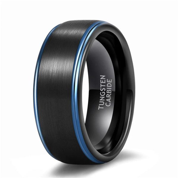 8mm Black Brushed Tungsten Carbide Ring Edge Blue Line