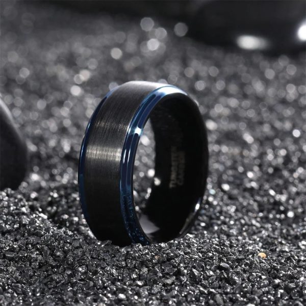 8mm Black Brushed Tungsten Carbide Ring Edge Blue Line
