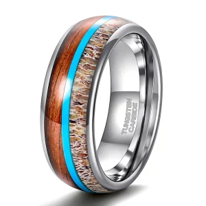 Cernunnos' Wildwood Majesty Antlers and Turquoise Wood Inlay Tungsten Carbide Ring