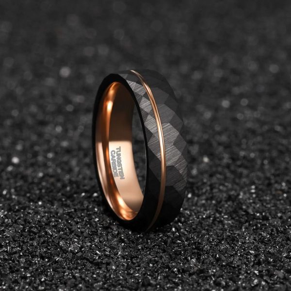 6mm Hammered Tungsten Carbide Ring Rose Gold Wedding Band